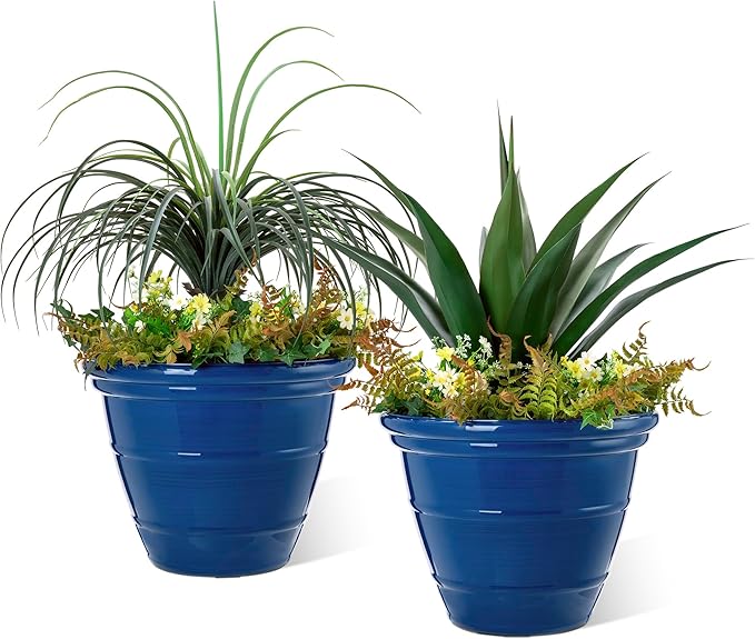 Glitzhome 19.5" D Large Flower Pots, Cobalt Blue Faux Ceramic Finish Plastic Tall Planters, Tall Planters for Outdoor Plants with Drainage Holes, Round Plant Pots for Front Porch Patio Deck, Set of 2