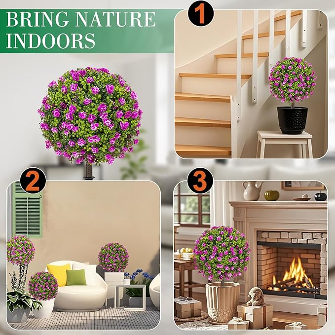 25" Artificial Boxwood Topiary Ball Trees with Purple RoseFlowers, Set of 2 UV Resistant No Fade Outdoor Faux Plants with Ground Spike, Fake Shrubs for Garden, Patio, Porch, Yard, Indoor