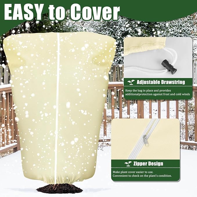 EYNDYN 4 Pcs Plant Covers Frost Protection Bag 71" x 47" Winter Reusable Plants Jacket with Drawstring Shrub Protection Wraps Bags Frost Blanket for Winter Outdoor Garden Plants