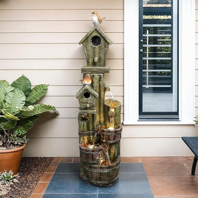 Outdoor Water Fountain with Birdhouse, 39.3inches Rustic Outdoor Water Fountains - Outdoor Cascading Waterfall with Decorative Birds & Buckets, Pump & Lights for Backyard Patio Decor