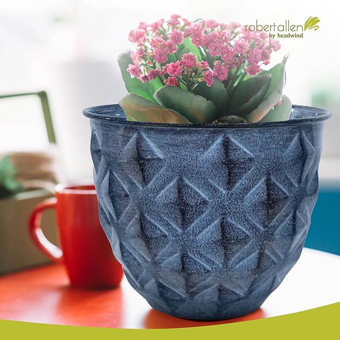 Headwind Glazed Ironstone Diamonte Collection – Capri Blue 12-Inch Decorative Plant Pot, Indoor & Outdoor, Vintage Diamond-Textured, Lightweight & Weather-Resistant for Garden Use by Robert Allen