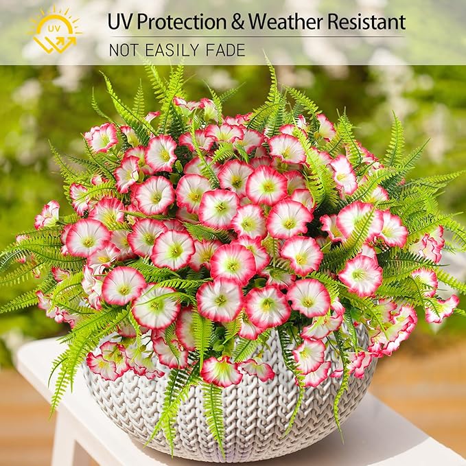 HIAGROW Artificial Flowers Outdoors 12 Bundles Pink Artificial Petunias Fake Flowers UV Resistant Shrubs Plants with Fern for Indoor Outside Hanging Planters Home Garden Summer Decorations