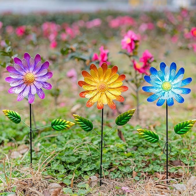 Voltogar Metal Flower Garden Stake for Outside, 3 Pcs 16" H Outdoor Garden Stakes Decor, Yard Outdoor Ornaments for Patio, Lawn, Patio(Yellow & Purple & Blue)