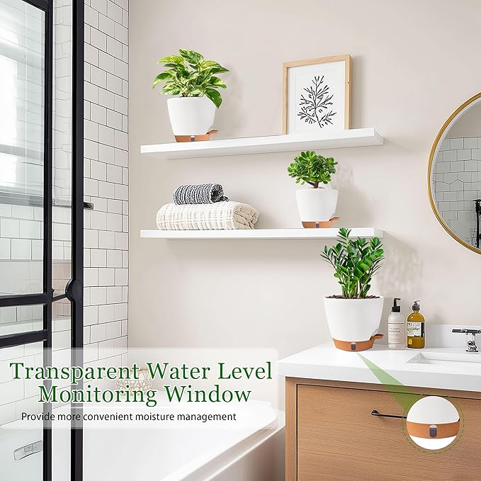 Fielda Self Watering Pots for Inoor Ourdoor Plants 8/7/6.5/6/5 Inch Plastic Planters with Drainage Holes & Water Level Indicator, Decorative House Flower Nursery Planting Pots with Saucers (White)