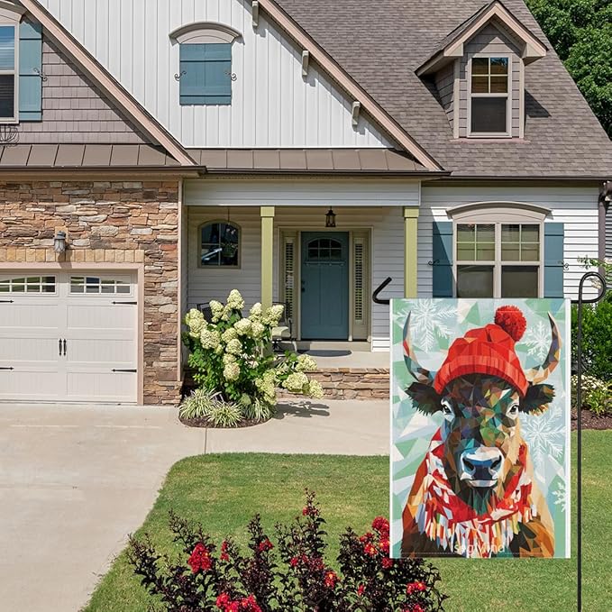Bison with Red Scarf and Hat Snowflake Christmas Garden Flag, 28x40 Inch Double Sided Linen Holiday Red Winter Farmhouse Yard Outdoor Decoration (4332)