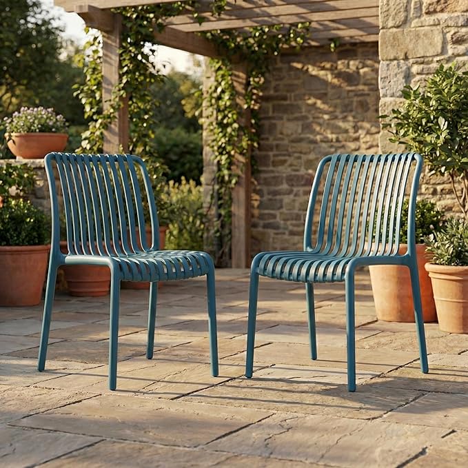 4 x Outdoor Stackable Dining Chair, All-Weather Plastic Patio Chair, Pool Side Chair, Modern Slatted Design for Balcony, Garden, Backyard, Indoor & Outdoor Use (Armless, Teal Blue)