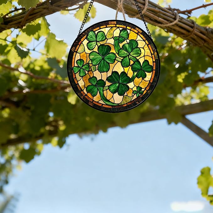 QZQCBLC Stained Glass Window Hanging Green Retro Lucky Clover 6.3" - Suncatcher Door Garden Sun Catcher Ireland Decor Birthday Mother's St. Ripack's Day Gift for Woman Mom Men Friend Nana Wife