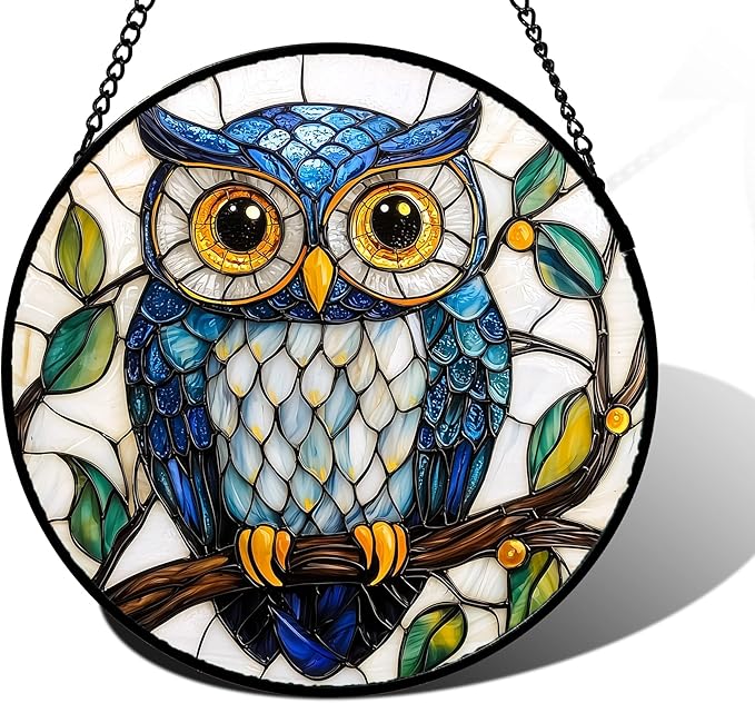 DASTOLL Stained Glass Window Hanging, Owl Gifts for Women Sun Catchers Diamond Glass Panel Hangings Birds Suncatcher Decor for Birthday for Women, Men, Wife, Aunt, and Mom 9.8 in