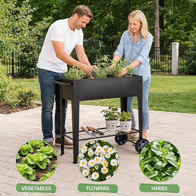 Elevated Raised Garden Bed with Legs- Galvanized Raised Beds for Gardening on Wheels, Anti-Rust Steel Planter Box with Storage Rack& Drain Hole for Backyard Patio Balcony (Black)