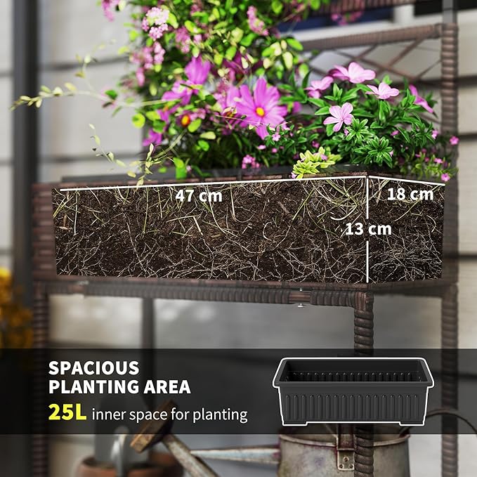 Outsunny Raised Garden Bed with Trellis, Outdoor Wicker Planter, Freestanding Rattan Planter Stand with Storage Shelf for Climbing Plants, Flowers, Herbs, Vegetables, Brown