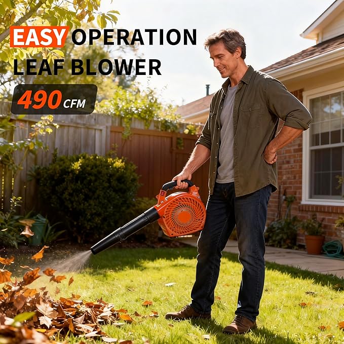28 CC Gas Leaf Blower, 490 CFM 280 MPH, 1.1-HP 2-Stroke, Handheld Gas Powered Leaf Blower, Lightweight, Powerful Clearing Performance for Lawn Care, Driveway Cleaning and Light Snow Removal