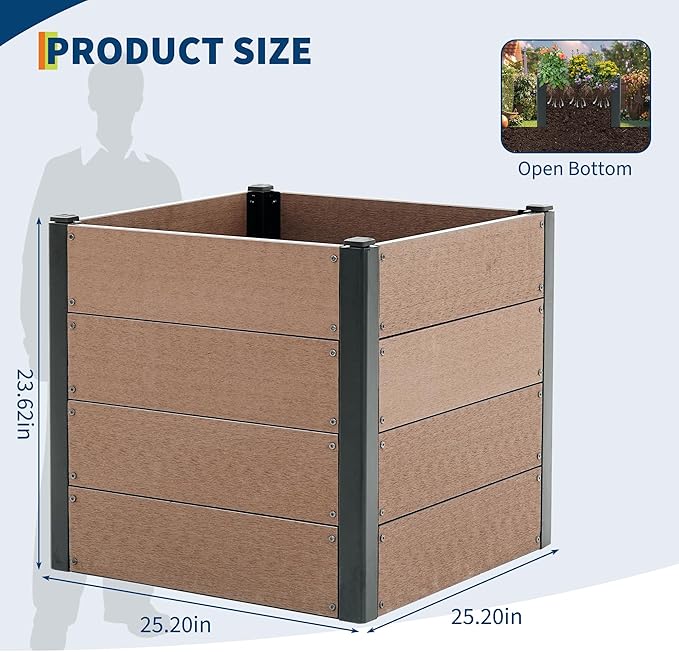 GarveeLife 25" x 25"x 23" Wood Look Raised Garden Bed Without Bottom, Outdoor Planter Box for Vegetables & Herbs, Durable Composite Deep Root Bed for Vegetables, Flowers in Backyard, Patio