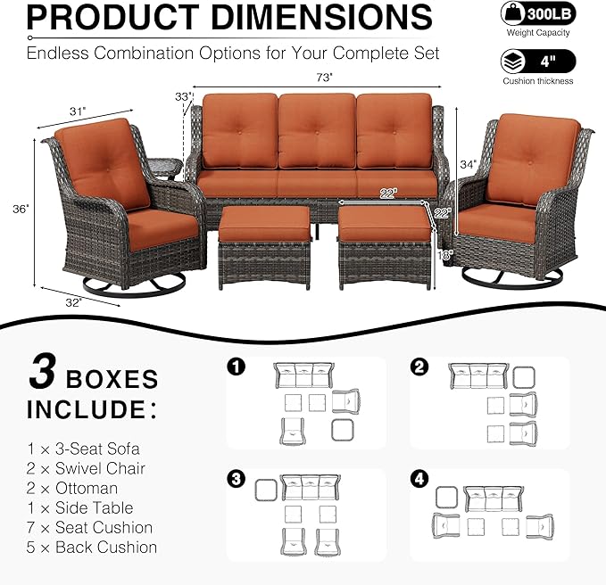 Joyside 6 Piece Wicker Patio Furniture Set, Outdoor Swivel Rocker Patio Chairs with High Back, Deep Seating, Wide Armrest, Thickened Cushions, Outdoor Furniture for Deck, Porch Use