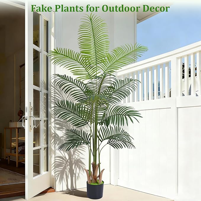 6 FT Artificial Plants Indoor, Tall Plant Palm Tree with Weighted Planter, Tropical Fake Tree with Realistic Leaves & Trunks for Home Office Living Room Bedroom Indoor Outdoor Decor
