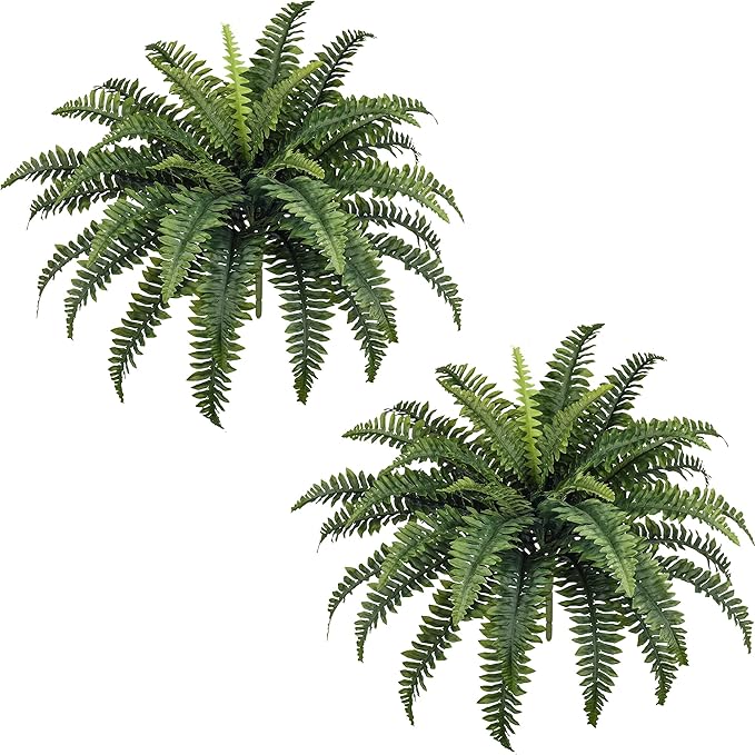 Richeerca Fake Ferns, 35IN Large Fake Bush Plants, 2 Articial Boston Ferns with 39 Fronds for Outdoor Hanging Planter Garden Porch Entrance Home Decor