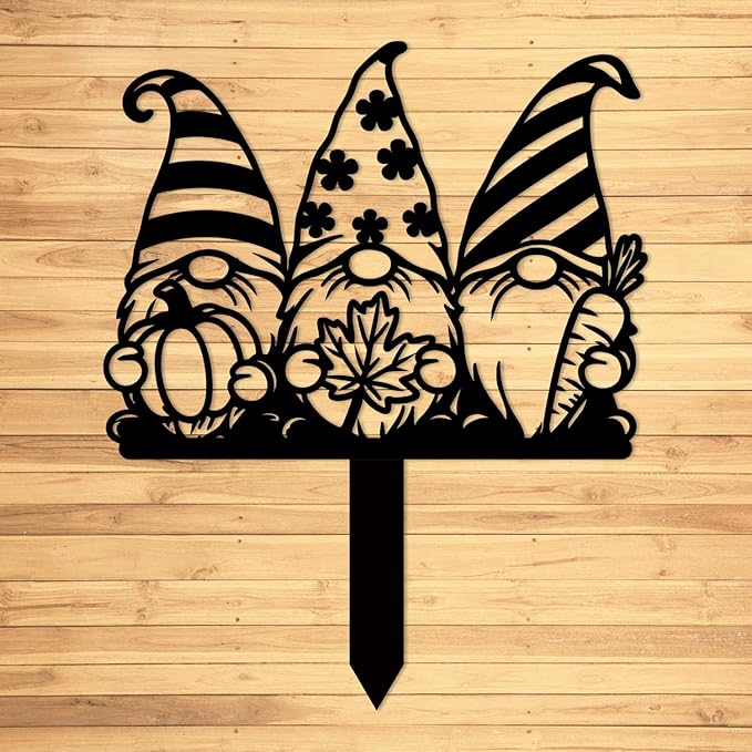 Magilab Personalized Iron Yard Stake - Christmas Cute Gnome Dwarves Decor, 8-Inch Black Metal Garden Sign for Outdoor (Style F)