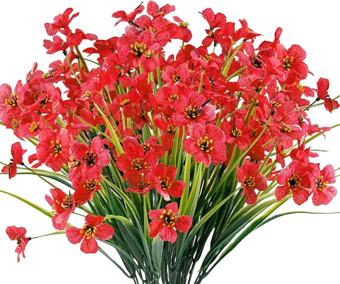 JEMONG 12 Bundles Artificial Flowers Outdoor UV Resistant Fake Flowers No Fade Faux Plants Garden Porch Window Box Decorating (Deep Red)