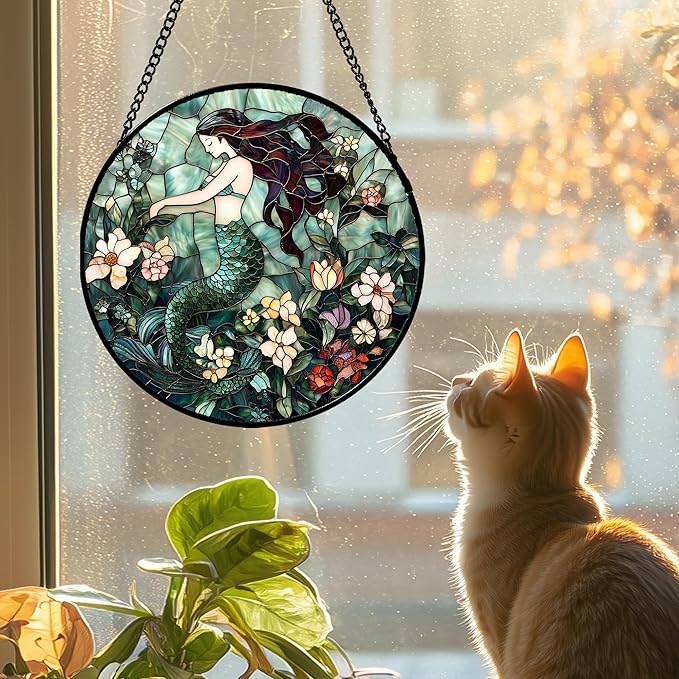 JOSUMALY Stained Glass Window Hanging - Teal Sleeping Mermaid Suncatcher for Door Terrace Garden Home Decor, Sea of Flowers Sun Catcher Birthday Gifts for Lovers Women Men Dad Mom Nana 6.3 in