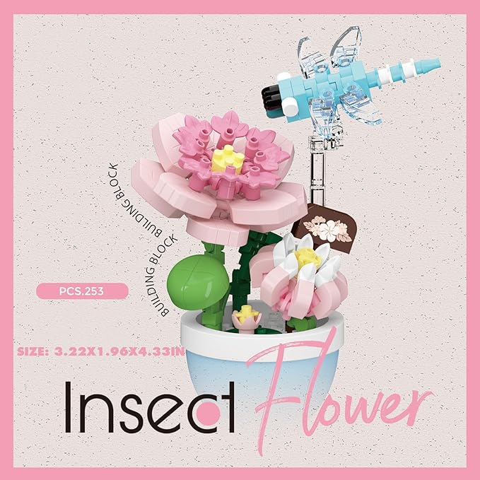 Sacblirr Mini Flower Bonsai with Cute Insects Lotus Dragonfly - DIY Potted Plant Building Blocks for Kids and Adults, Botanical Collection Decor Toy