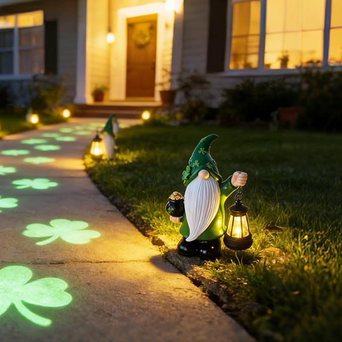 St Patrick's Day Gnome Decorations Outdoor, Solar Leprechaun Decor with Pot of Gold, Resin Figurine with Shamrocks & Solar Light for Garden Patio, Holiday Gift for Luck and Fortune