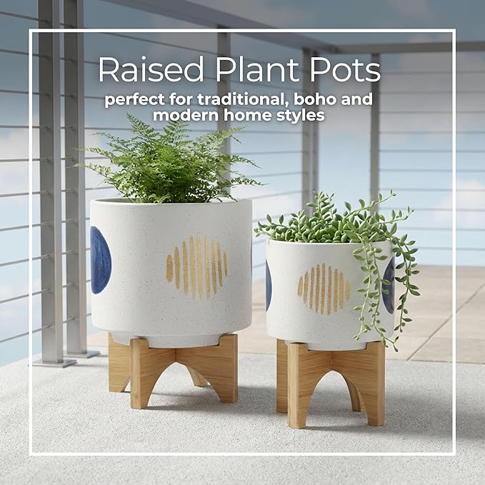 Ceramic Planter Set with Bamboo Stand – Plant Stand Indoor For Everyday Greenery, Living Room or Patio, Geometric Design Planter with Stand For Sculptural Home Decor Display – 11" 7", White