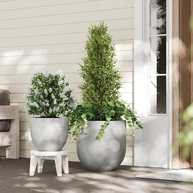 DTY Signature Mount Antero Modern Indoor Outdoor Fiberstone Bullet Shaped Planter, Durable Round Garden Pot, Weather Resistant, Drainage Hole & Rubber Plug - Small, Gray