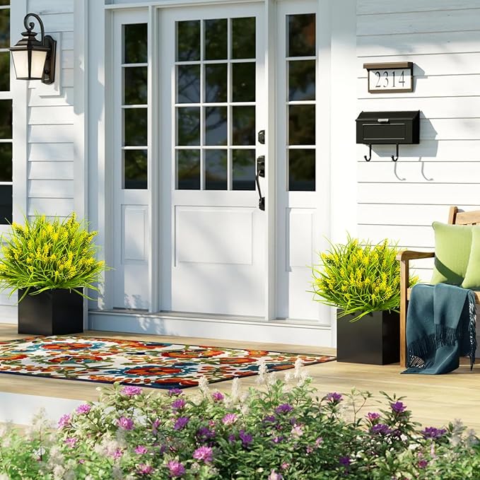Grunyia 20 Bundles Artificial Plants Outdoor Fake Monkey Grass with Flowers (Yellow)