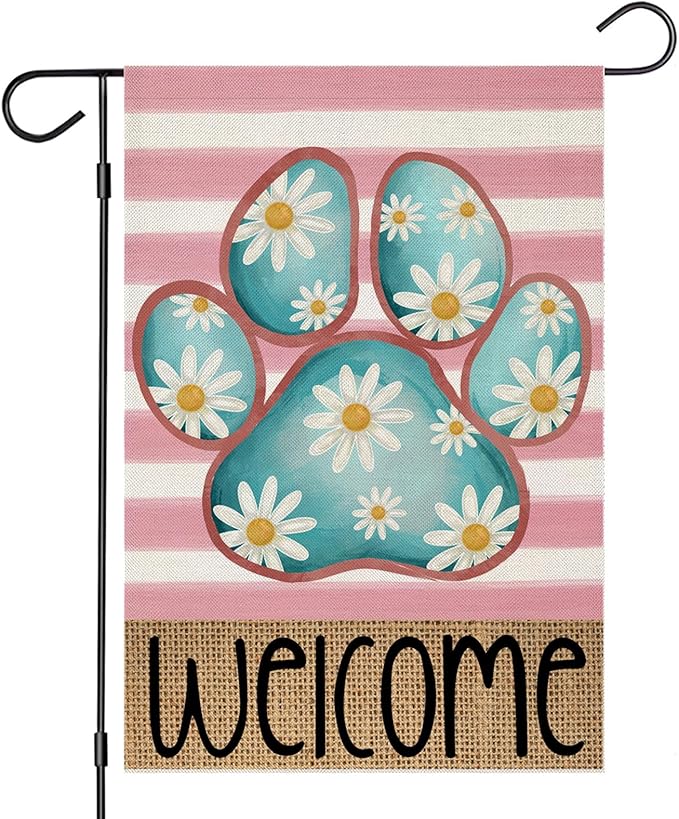 Welcome Spring Garden Flags for Outside, Dog Paw with Daisy Flowers Stripes Yard Decoration, Small Seasonal Outdoor Decor for Summer Farmhouse Holiday,12x18 Inch Double Sided