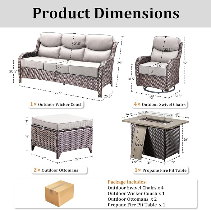 Luxury Patio Furniture Set with 42.5" Fire Pit Table, 8 Pieces High Back All Weather Wicker Outdoor Furniture w/ 6-Inch Thick Cushions, Patio Swivel Chairs Couch for Deck Balcony Backyard Brown/Beige
