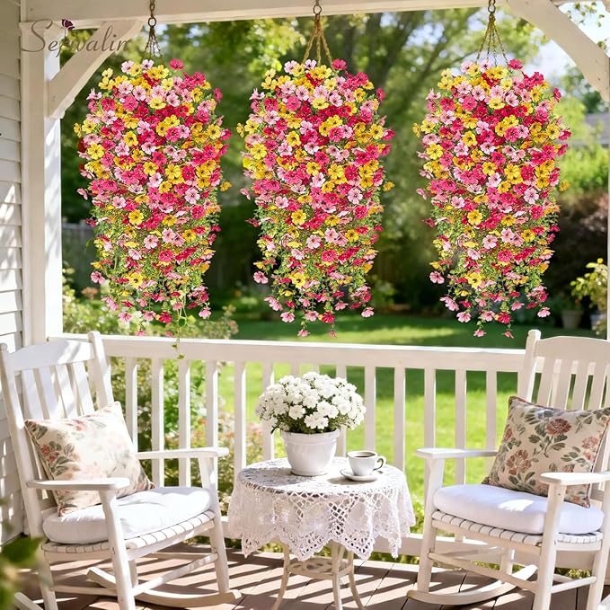 Serwalin 6PCS Artificial Fall Flowers for Outdoors Decoration, Realistic Silk Artificial Fall Hanging Flowers for Patio, Garden, Porch, Window, Outside (Yellow, Hot Pink & Pink,6PCS)