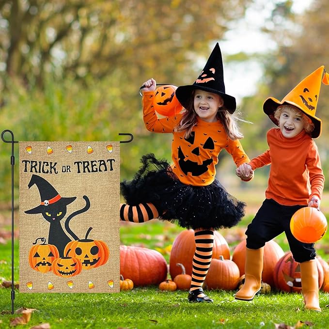 Halloween Trick Or Treat Black Cat and Pumpkins Burlap Garden Flag, Double Sided 12×18 Inch Halloween Jack-O-Lantern, Outside Small Yard Outdoor Flags Porch Lawn Yarde Decoration