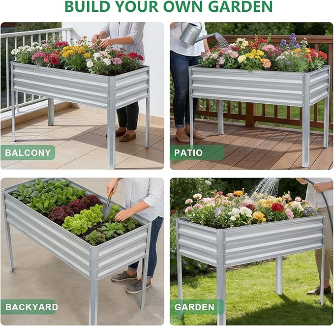 Elevated Raised Garden Bed with Legs, 48x24x32in Galvanized Planter Box Outdoor with Drainage Holes, Large Metal Raised Beds for Gardening Vegetables Herbs, Backyard, Patio, Balcony - Silver