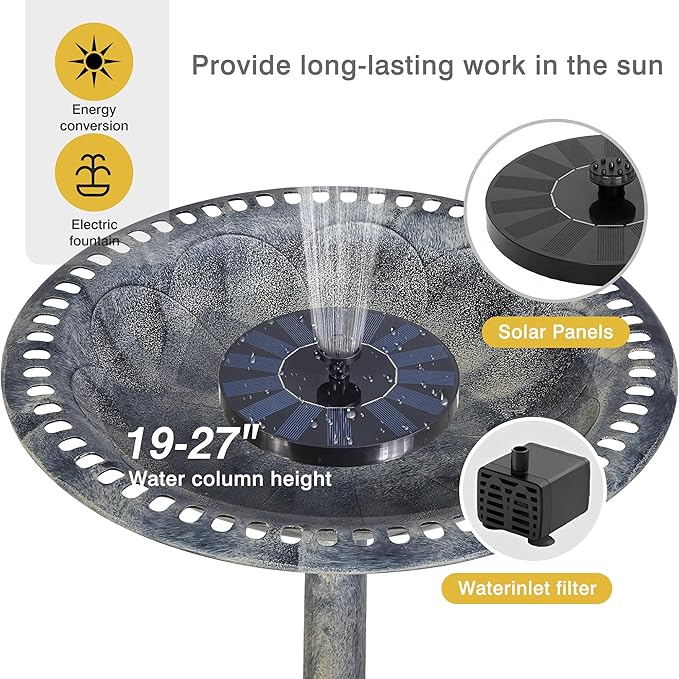 VECELO 28" Pedestal Outdoor Bird Bath with Solar Powered Fountain for Outside, Vintage Bronze Polyresin Lightweight Antique, Yard/Garden Decoration, Gray