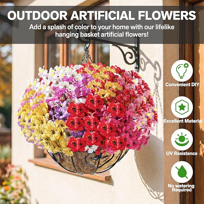 22 Pack Artificial Flowers Outdoor, Faux Silk Flowers for Outdoors Outside Front Porch Hanging Planter Window Box Garden Decoration(Multi-Colour)