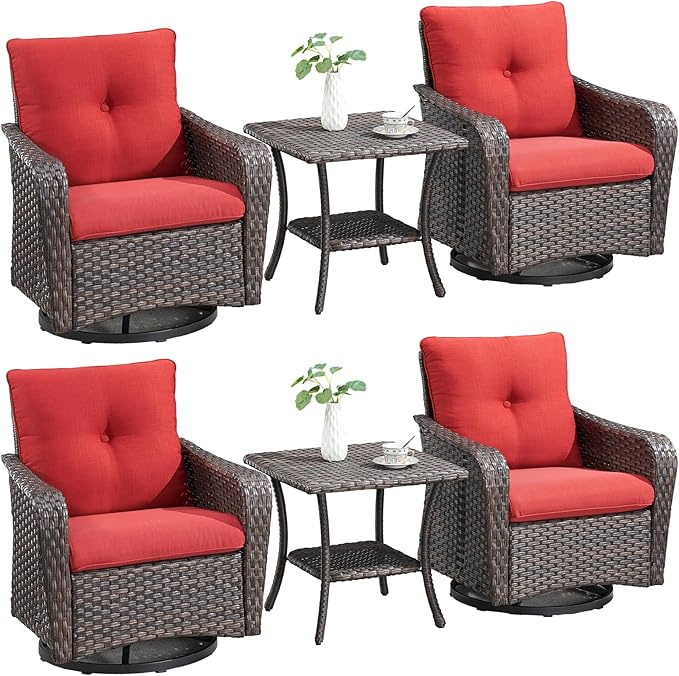 Rilyson Outdoor Patio Swivel Rocker Chairs - 6 PC Wicker Patio Bistro Sets with High Back,Comfy Cushions,Deep Seating and Side Table for Porch Deck Backyard Garden(Brown/Red)