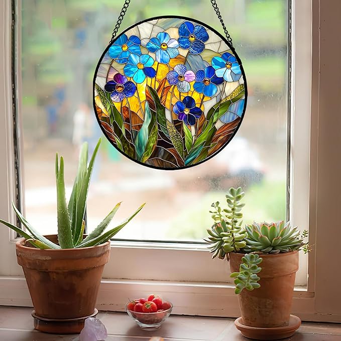 Stained Glass Window Hanging - Blue Wildflower Plant Flowers Sun Catcher for Door Garden Home Decor Suncatcher Christmas Mother's Day Birthday Gifts for Women Men Mom Nana 6.3 in