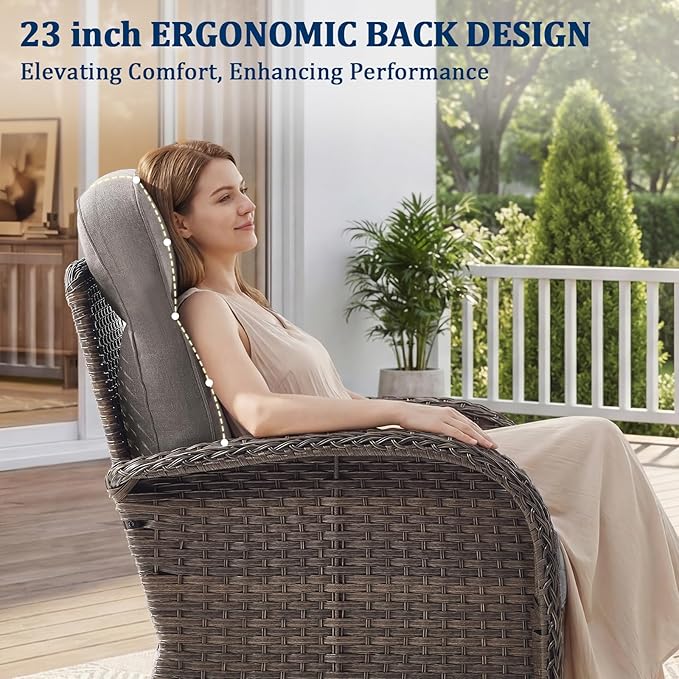 Outdoor Swivel Rocking Chair Patio Set (8pcs) High-Back - Thick Cushion Swivel Rocking Chair Patio with Fire Table Set, All-Weather Wicker Patio Furniture Set, Suitable for Balcony Patios, Brown/Gery