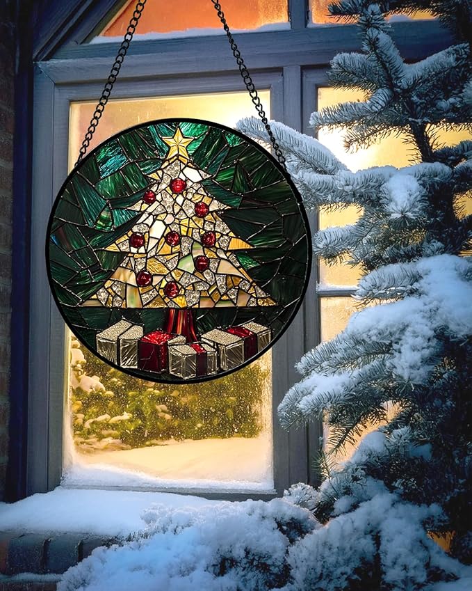 HWRHTR Stained Glass Window Hanging - Golden Christmas Tree Suncatcher for Doors Home Christmas Decoration Winter Sun Catcher Thanksgiving New Year Birthday Gifts for Women Men Mom Nana Girl 6.3 in
