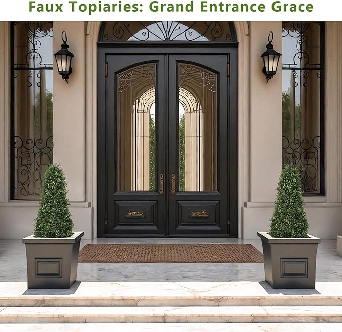 Azoco 3ft Artificial Boxwood Topiary Trees (Set of 2) - UV Resistant Faux Plants Outdoor, Realistic 36" Fake Cone Bushes and Shrubs for Front Porch, Planter, Patio - Low Maintenance & Evergreen