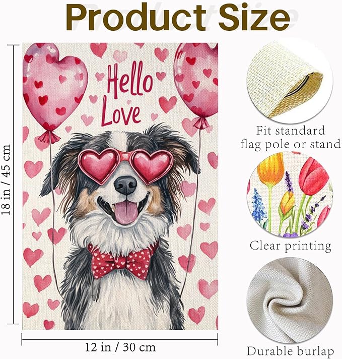 Valentine's Day Australian-Shepherd Hello Love Garden Flag, House Yard Plaid Love Heart Outside Decoration, Spring Holiday Wedding Anniversary Outdoor Small Decor 12x18(12651)
