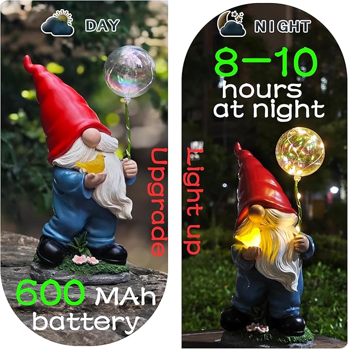 Solar Garden Male Gnome Statue, Detachable Outdoor Garden Decorative Stakes, Resin Gnome Holding Light-Up Bird & Bubble Wand, Upgraded 8-10H Lighting, for Patio, Yard, Flower Bed & Pathway, 10.63"