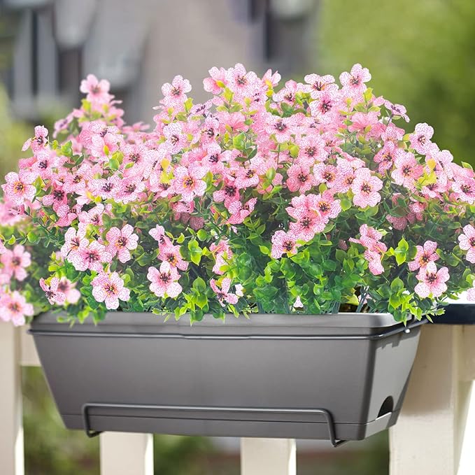 Grunyia 10 Bundles Artificial Flowers Outdoor UV Resistant Fake Flowers No Fade Faux Plants Garden Porch Window Box Decorating (Pink)
