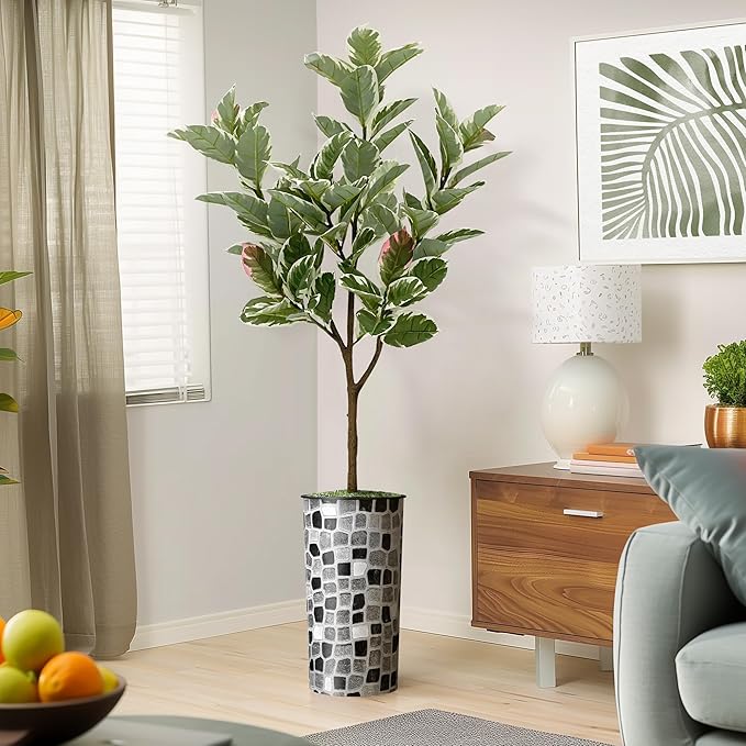 Artificial Tree in Modern Geometric Pattern Planter, Fake Rubber Silk TRE for Indoor and Outdoor Home Decoration - 70" Overall Tall (Plant Pot Plus Tree)