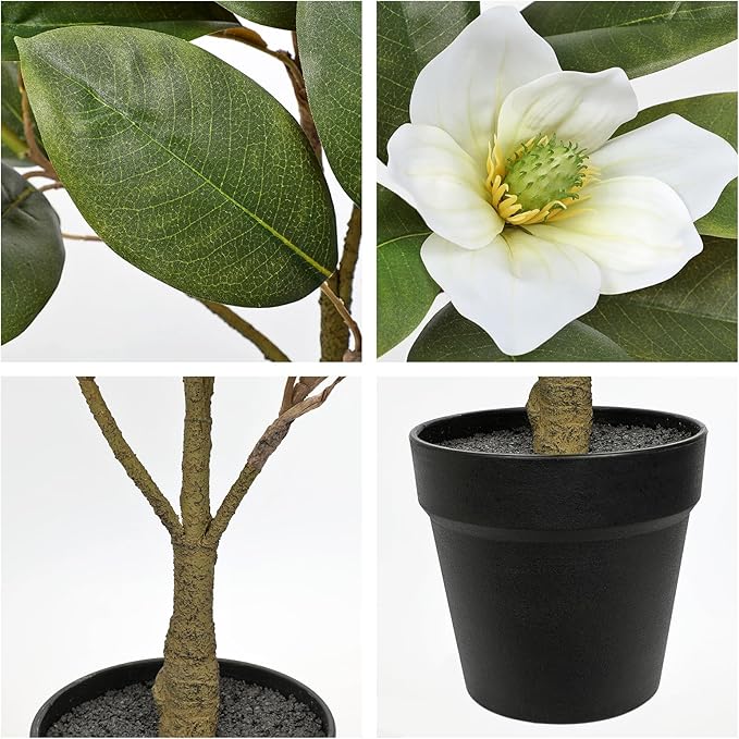 Briful Artificial Magnolia Flower Tree in Black Pot – 26.3in Tall Faux Magnolia Plant with Realistic White Blooms Fake Potted Silk Floral Tree for Home Office Room Kitchen Outdoor Porch Décor