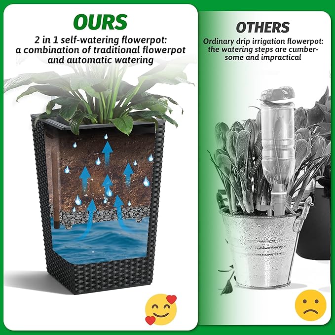 16" Tall Rattan Planter Set of 2, Self Watering Pots with Built-in Drainage and Water Level Gauge, Large Plant Pots for Garden, Patio, Balcony, Lounge, Black