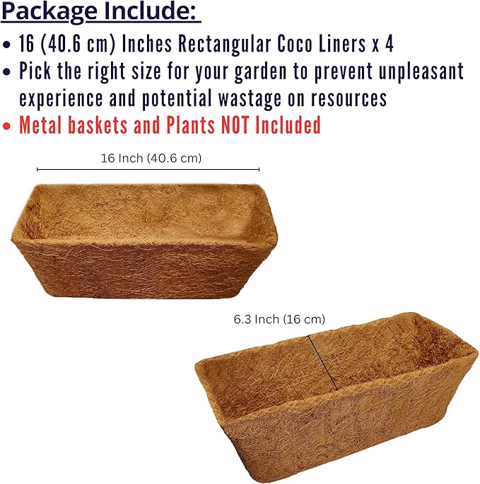LaLaGreen 16" (4 Pack, Rectangular) Trough Coco Liners for Planter – Medium Coconut Coir Replacement for Window Box, Wall Mount Flower Pot, Outdoor Use– Also Available in 24/30’’ and Different Shapes