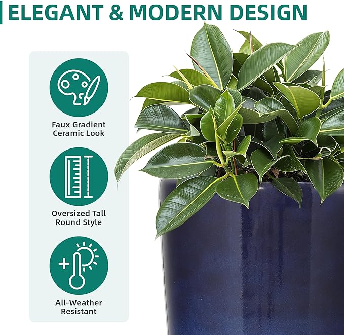 Ultym 22.8" H Gradient Blue Planters for Outdoor Plants, Set of 2 Large Flower Pot with Drainage Hole, Weather-Resistant for Porch,Garden,Patio or Indoor Use