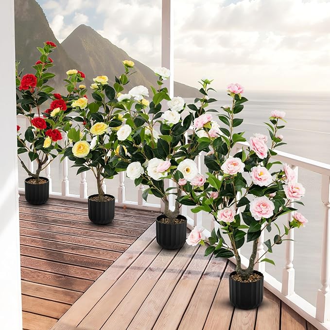 Goplus 38’’ Artificial Camellia Tree, Flower Plants Artificial Tree, Faux Floral Plant Blooming Tree in Cement Pot, Greenery Potted Plant for Indoor Outdoor Office Home Porch Decor