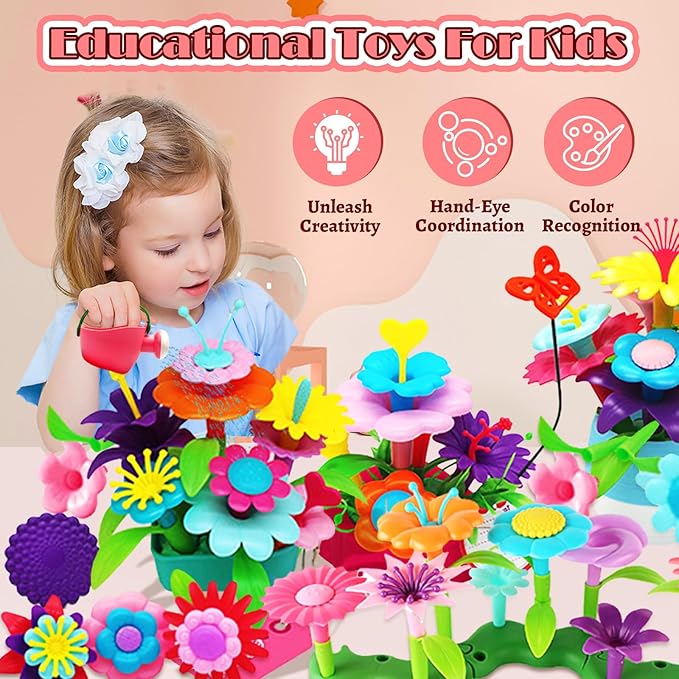 FUNZBO 109pcs Flower Garden Building Toy Set - Christmas Spring Toys for 3 4 5 6 7 Years Old Girl, STEM Montessori Educational Toy for Kid Toddler, Sorting & Stacking Building Block Birthday Gift