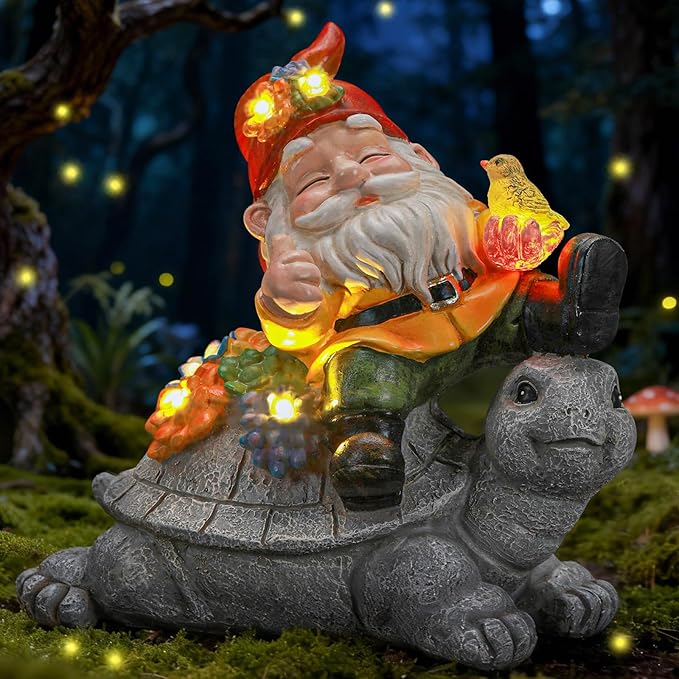 Solar Gnome Statue Outdoor Decor, Gnome on Turtle Figurines with LED Light for for Fairy Garden Yard Balcony Lawn Christmas Housewarming Whimsical Gifts for Women Mom Grandma